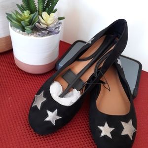NEW Avenue Black Suede Flats with Silver Stars 12